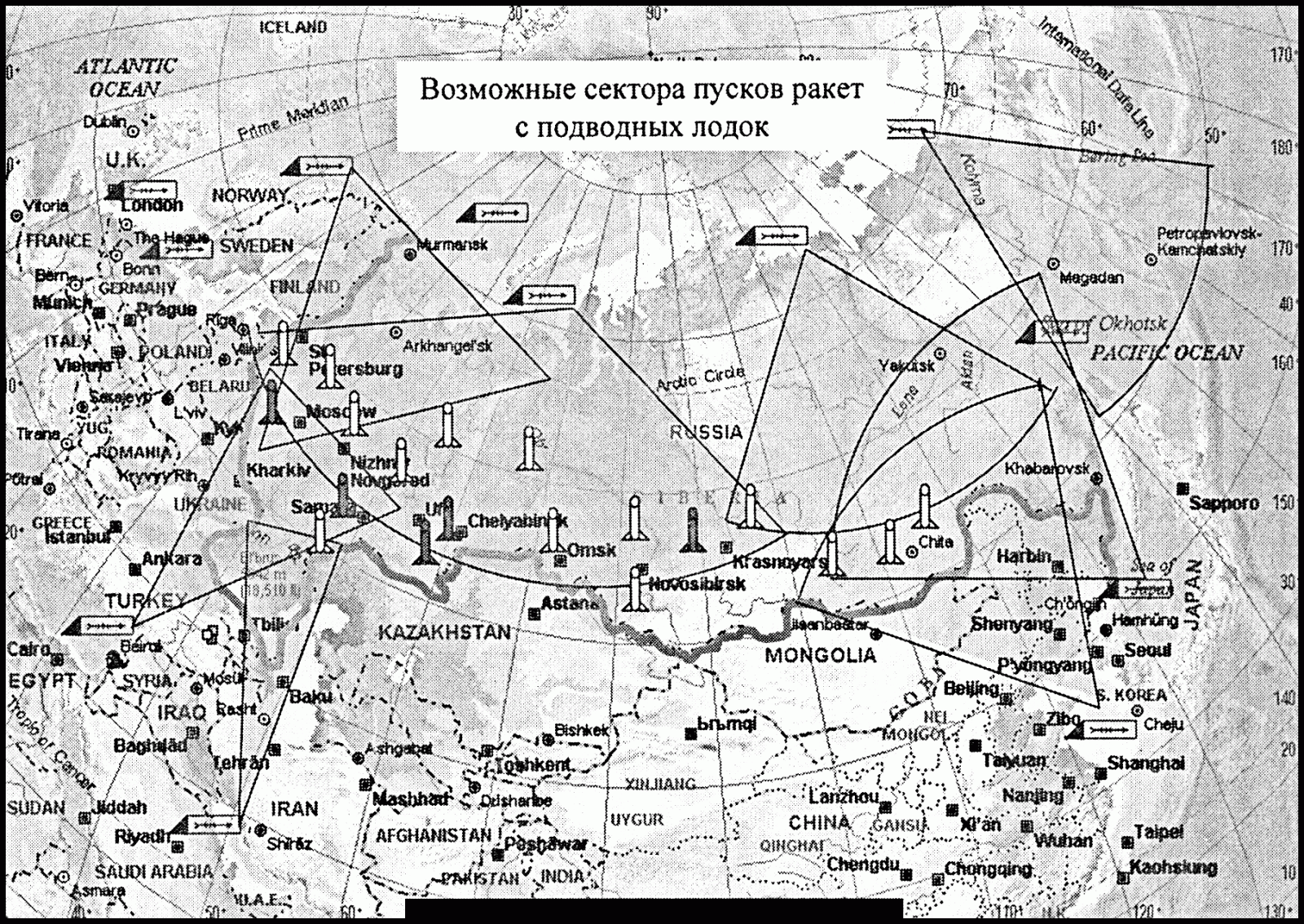 Возможные сектора пусков ракет с подводных лодок